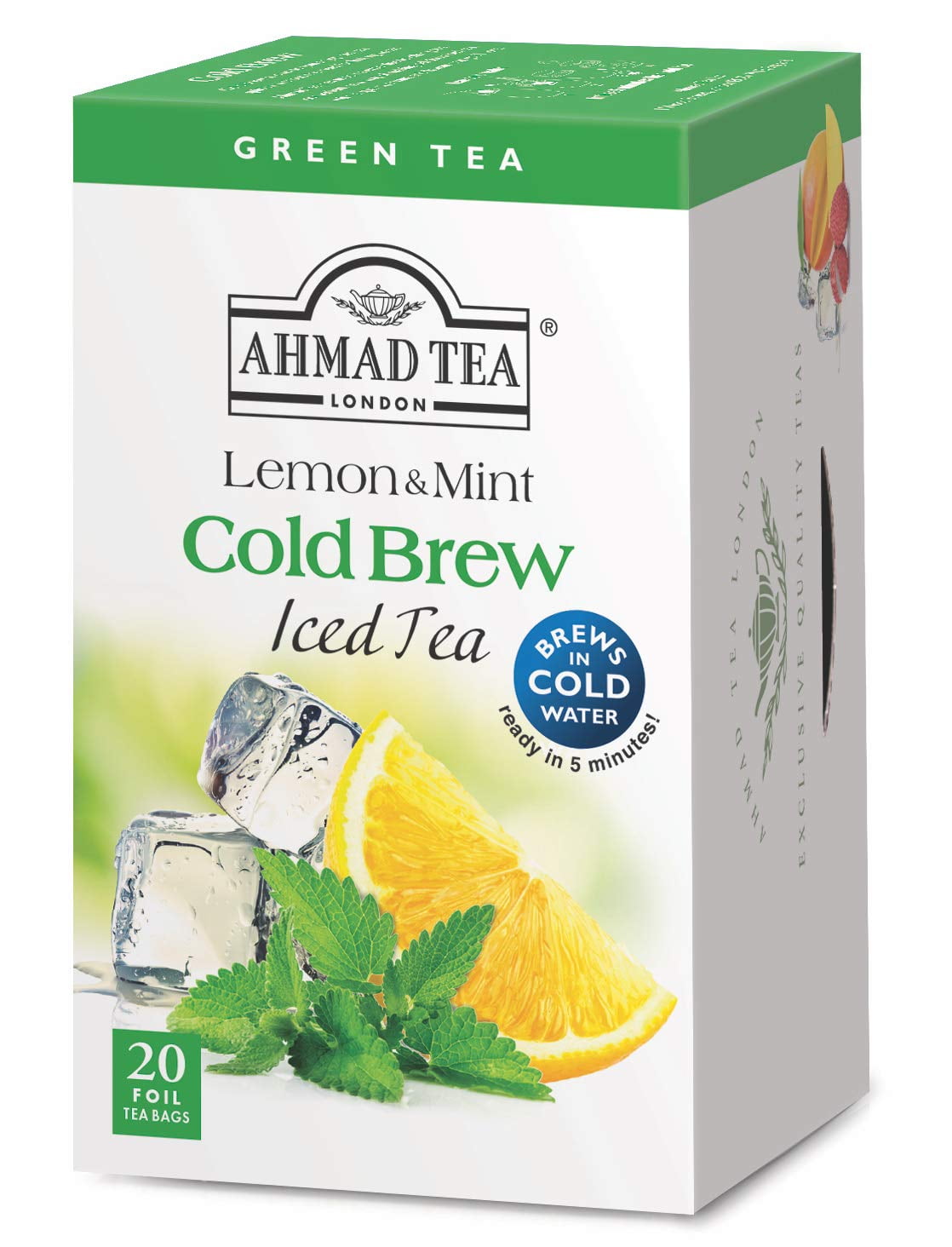 Ahmad Tea Cold Brew Lemon & Mint Green Iced Tea, 20 Foil Teabags (Pack