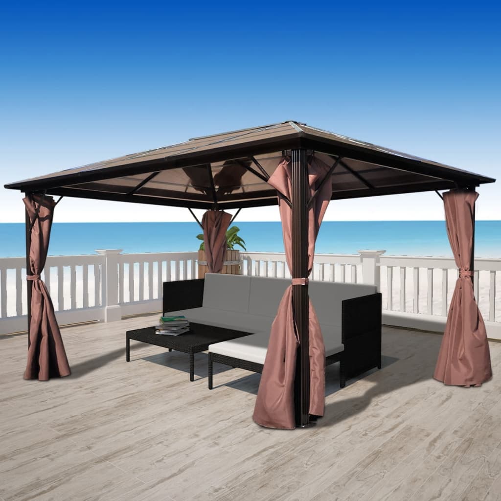 Ferry Gazebo with Curtain Brown Aluminum 157.5"x118.1"Canopies