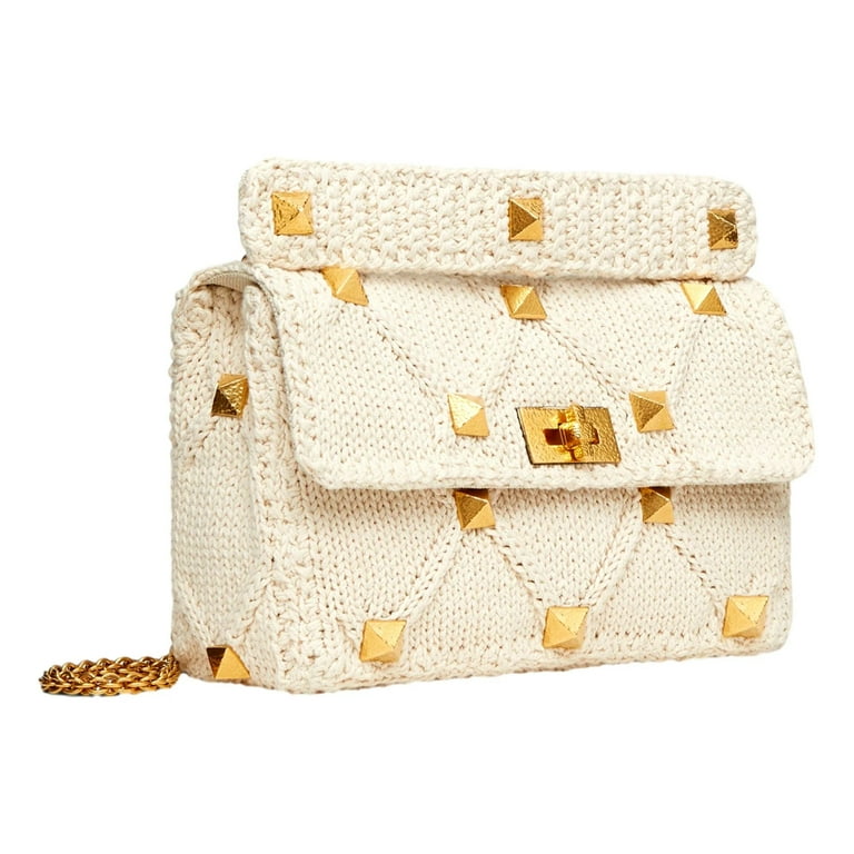 Valentino Garavani Roman Stud Large Shoulder Bag Ivory Knit