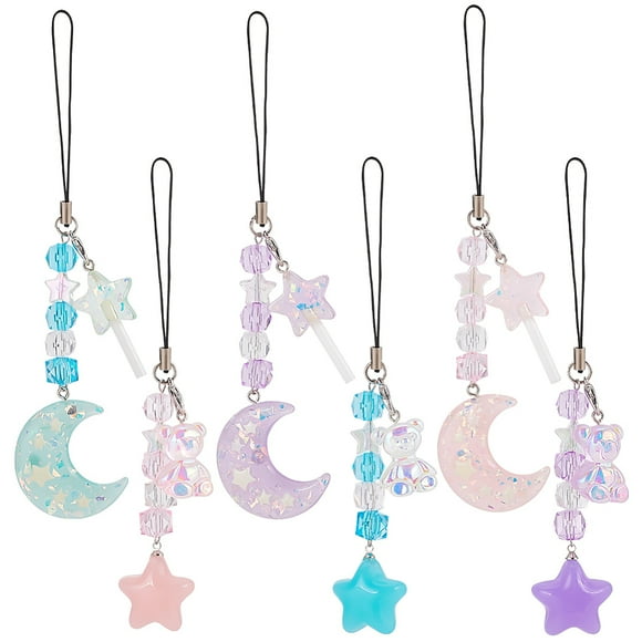 Cell Phone Strap Charm Moon & Star & Bear Plastic Charm Hanging Keychain for Women with Nylon Cord Mixed Color 13~15cm 12pcs/set