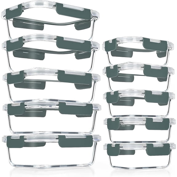 AISOON 10-Piece Glass Food Storage Container Set with Leak-Proof BPA-Free Lids, Microwave, Freezer and Dishwasher Safe