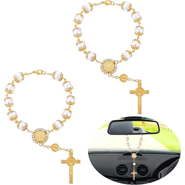 RV Rosario de coche para espejo retrovisor, 2 piezas espejo de coche colgante cruz auto rosario espejo retrovisor colgante accesorios para colgar coche decoraciones interiores para mujeres hombres (oro) Rojo Verde