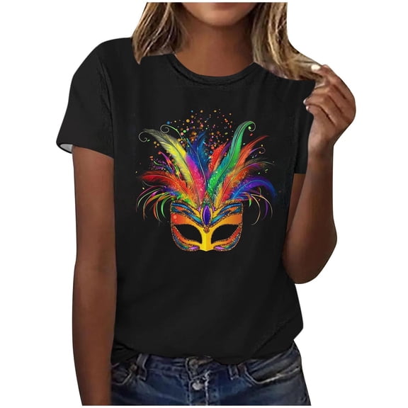 Erwazi Mardi Gras T-Shirt for Women Graphic Printed Short Sleeve Crew Neck Carnival Party Shirt Top