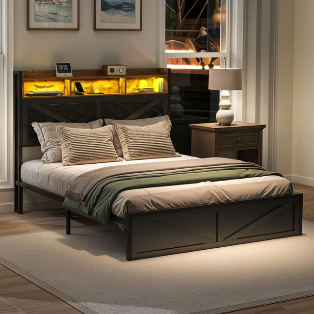 DEXTRUS Queen Size Distressed Wood Bed Frame with LED Headboard, USB Ports & Dual Storage, Black