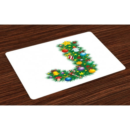 

Letter J Placemats Set of 4 Capital J with Christmas Celebration Items Colorful Balls Candy Snowman Design Washable Fabric Place Mats for Dining Room Kitchen Table Decor Multicolor by Ambesonne