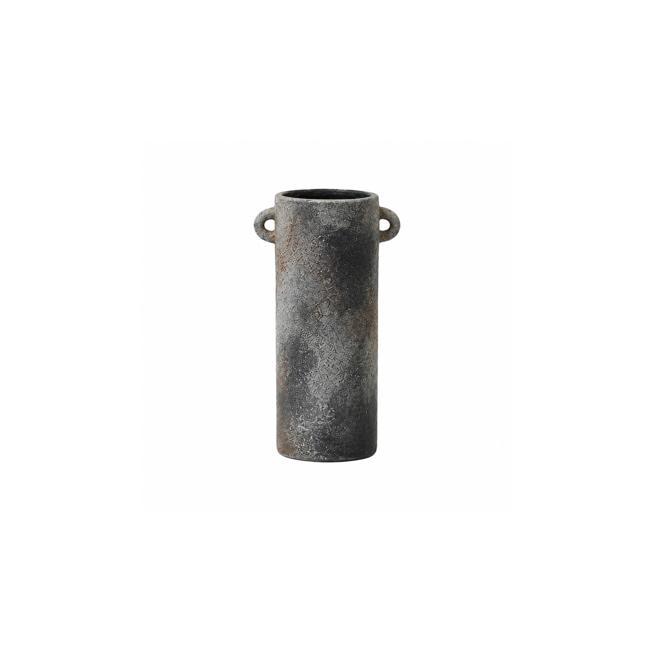 DecMode 9" Antique Style Textured Dark Gray Ceramic Vase with Brown Accents and Handles