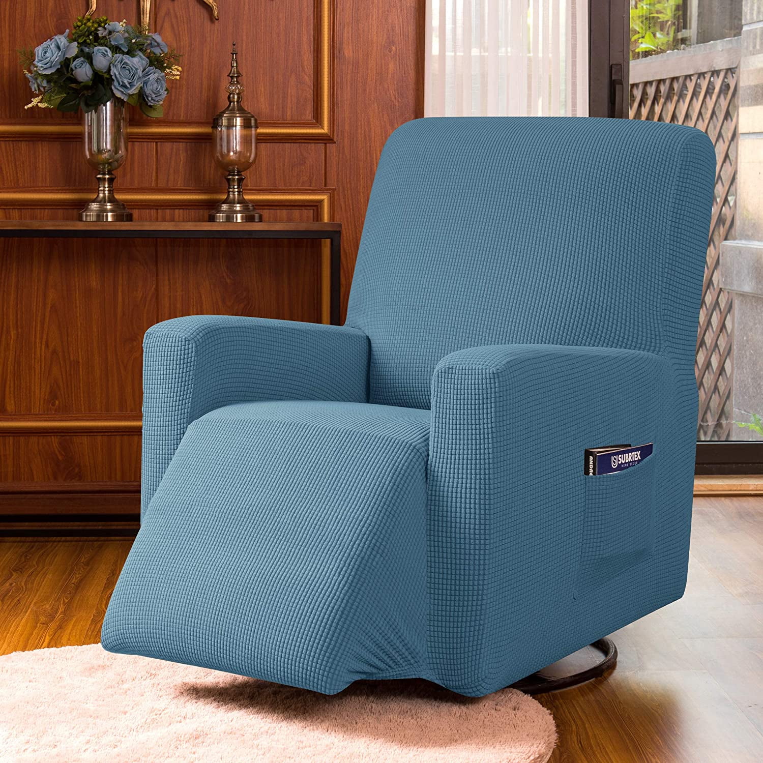 Subrtex Stretch 1-Piece Textured Grid Recliner Slipcover, Denim Blue