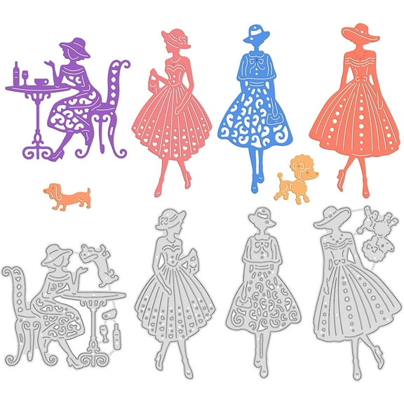 4Pcs Afternoon Tea Lady Metal Cutting Dies Elegant Women Die Cuts for DIY Scrapbooking Wedding Birthday Valentine's Day Cards Making Album Envelope Decoration Matte Platinum