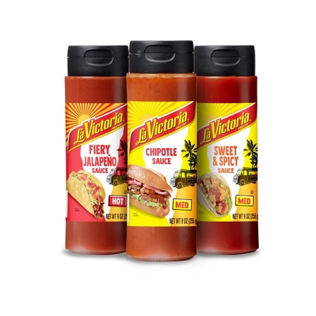 LA VICTORIA Squeeze Variety Pack, Fiery Jalapeño Sauce Hot, Sweet & Spicy Sauce Medium, Chipotle Sauce Medium, 9oz, 3 Count