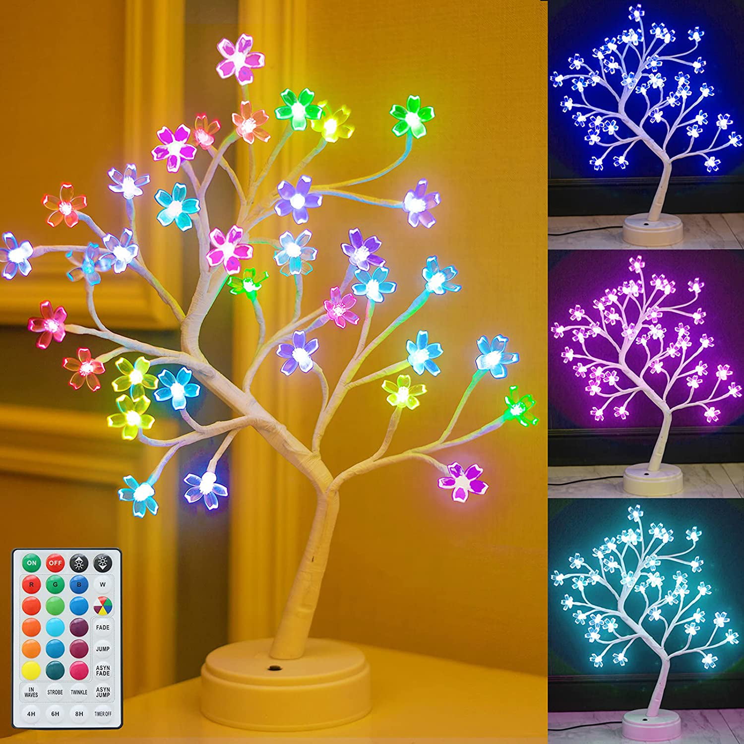 Pooqla RGB Cherry Blossom Tree Light with Remote Control 16 Color-Changing LED Artificial Flower Bonsai Tree Table Top Lamp Modern Home Lit Tree Centerpieces Decoration 36 LED
