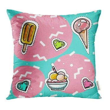 CMFUN Blue 80S in Youthful Style with Memphis Ice Cream with Hearts on Wavy Design Pink Pillowcase Cushion Cover 20x20 inch