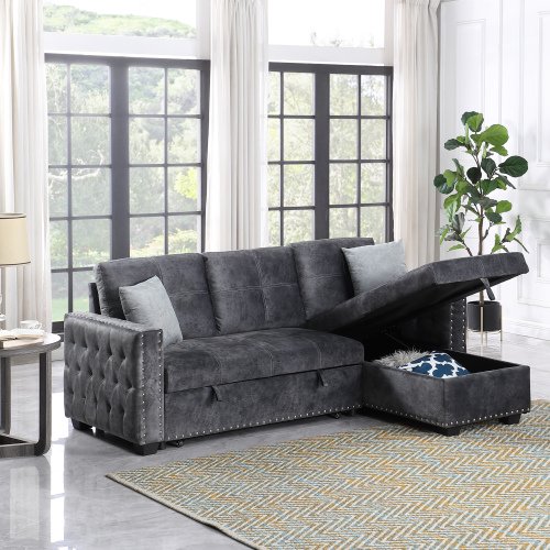 Sectional Sofa with Pull Out Bed, Solid Wood Upholstered 2 Seats Sofa