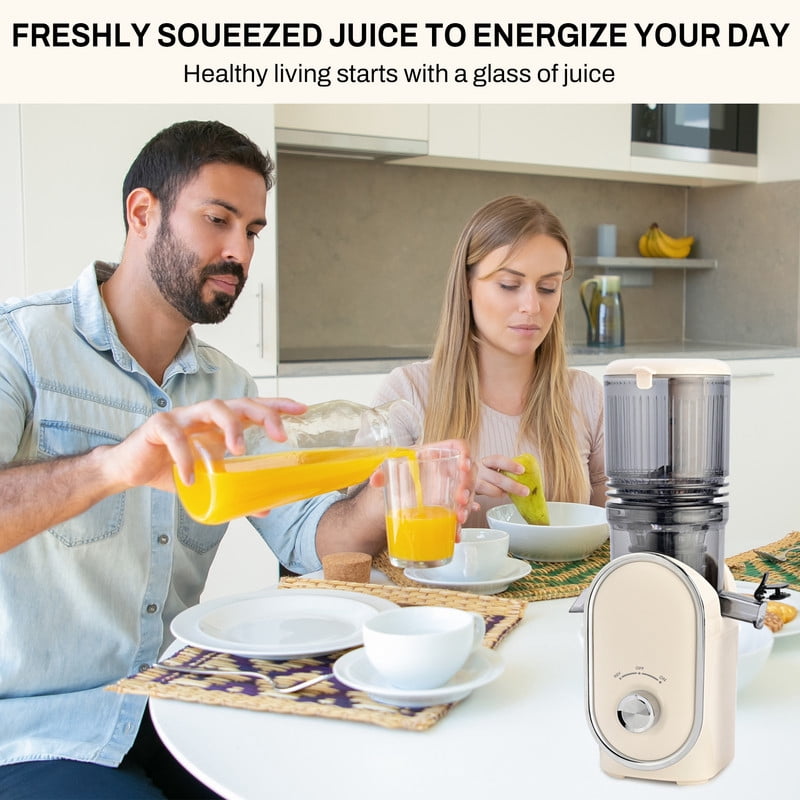 Cold Press Slow Juicer with 5.3" Extra-Wide Feed Chute, One-Touch Operation & Auto Shut-Off, High Juice Output, Effortless Cleaning, Includes Juice & Pulp Containers, 300W (Beige)