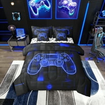Teen Gamer Bedding Set Gaming Twin Comforter Set With Sheets Video Game Bed In A Bag 7 Piece 3D Neon Geometric Grids Gamepad Bed Set (Reversible,Blue Black)