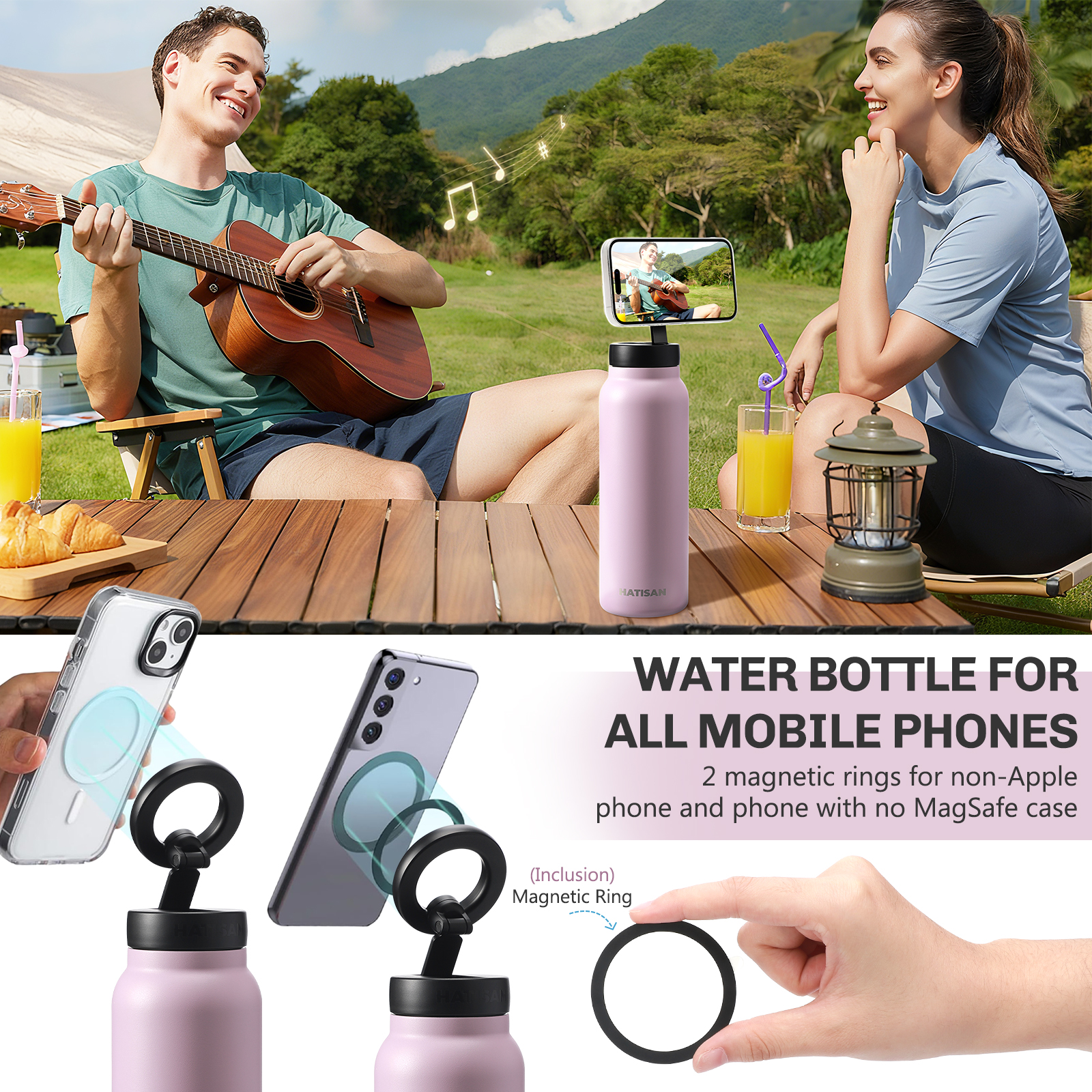 Hatisan 24 oz Insulated Water Bottle, Magnetic Stainless Steel Water Bottle, with Mobile Phone Holder Tripod, Hot for 12H, Cold for 24H(Purple)