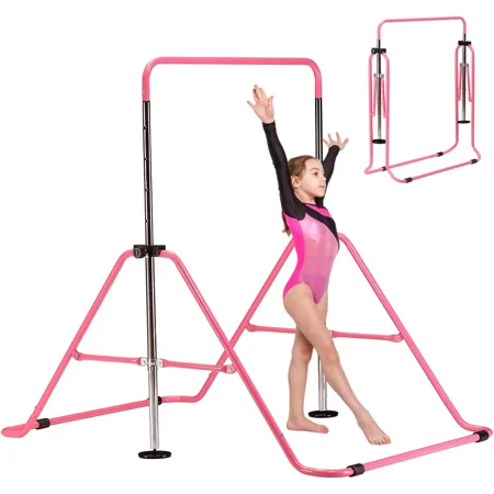 Pink Gym Bars Expandable Training Bar Adjustable Height Bars Children Folding Training Monkey Bars Climbing Tower Kip Balance Bar for Kids Gymnasts