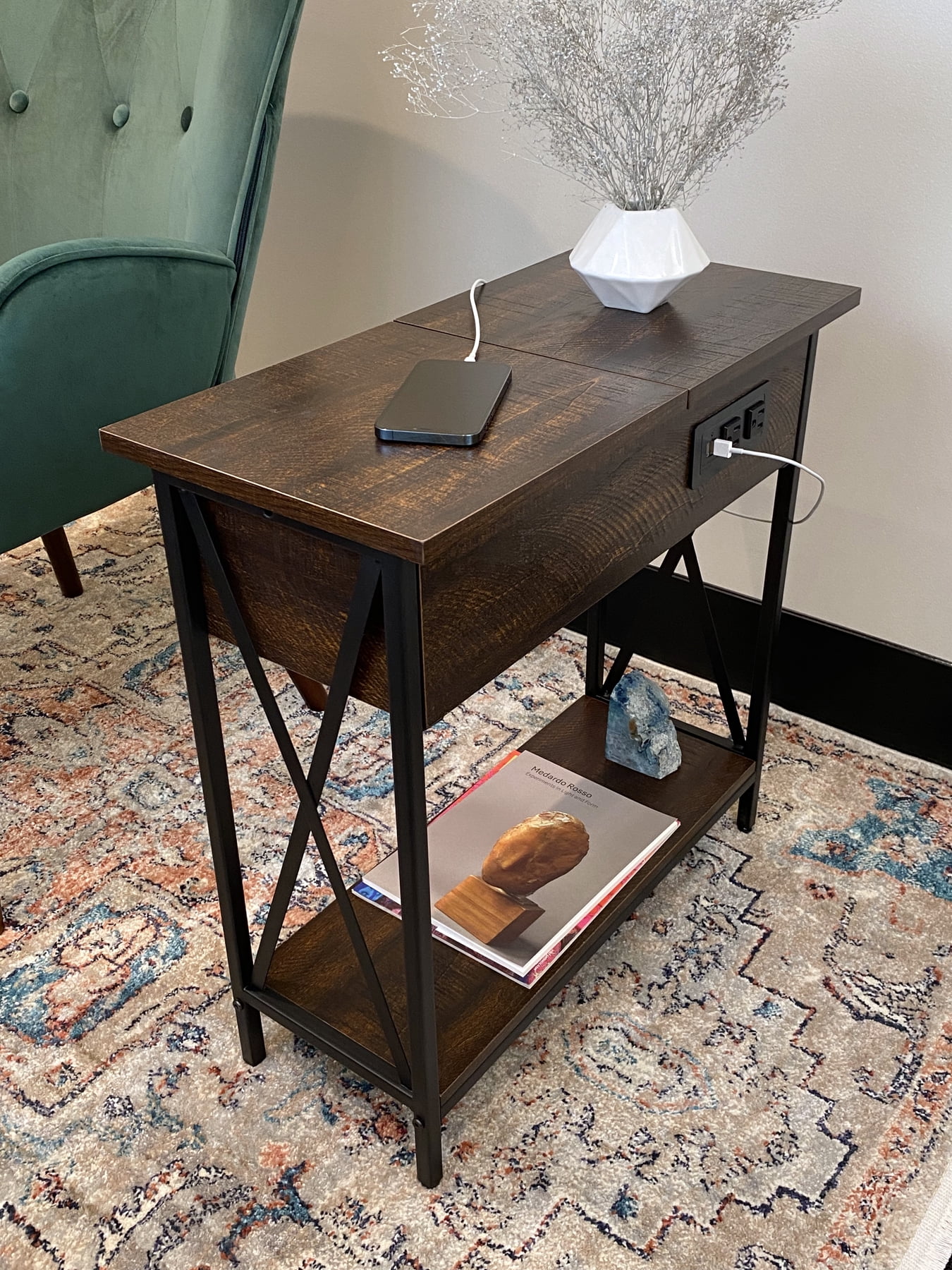 DecorTech Metal and Wood Flip Top End Table with AC Power and USB Charging Ports, Walnut