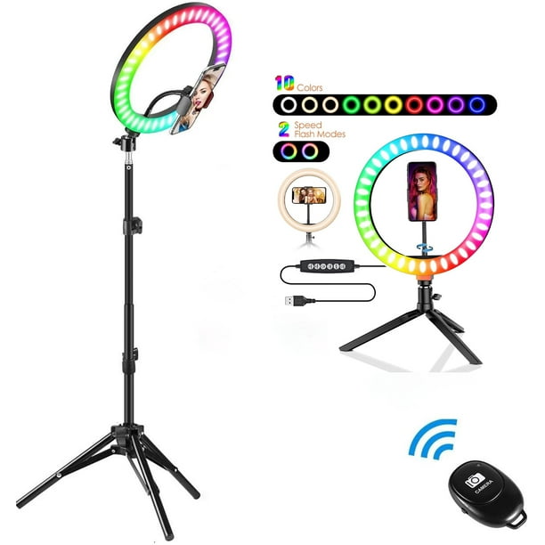12" Selfie Light with Tripod Stand and Phone Holder, Dimmable LED Desk Circle Lamp