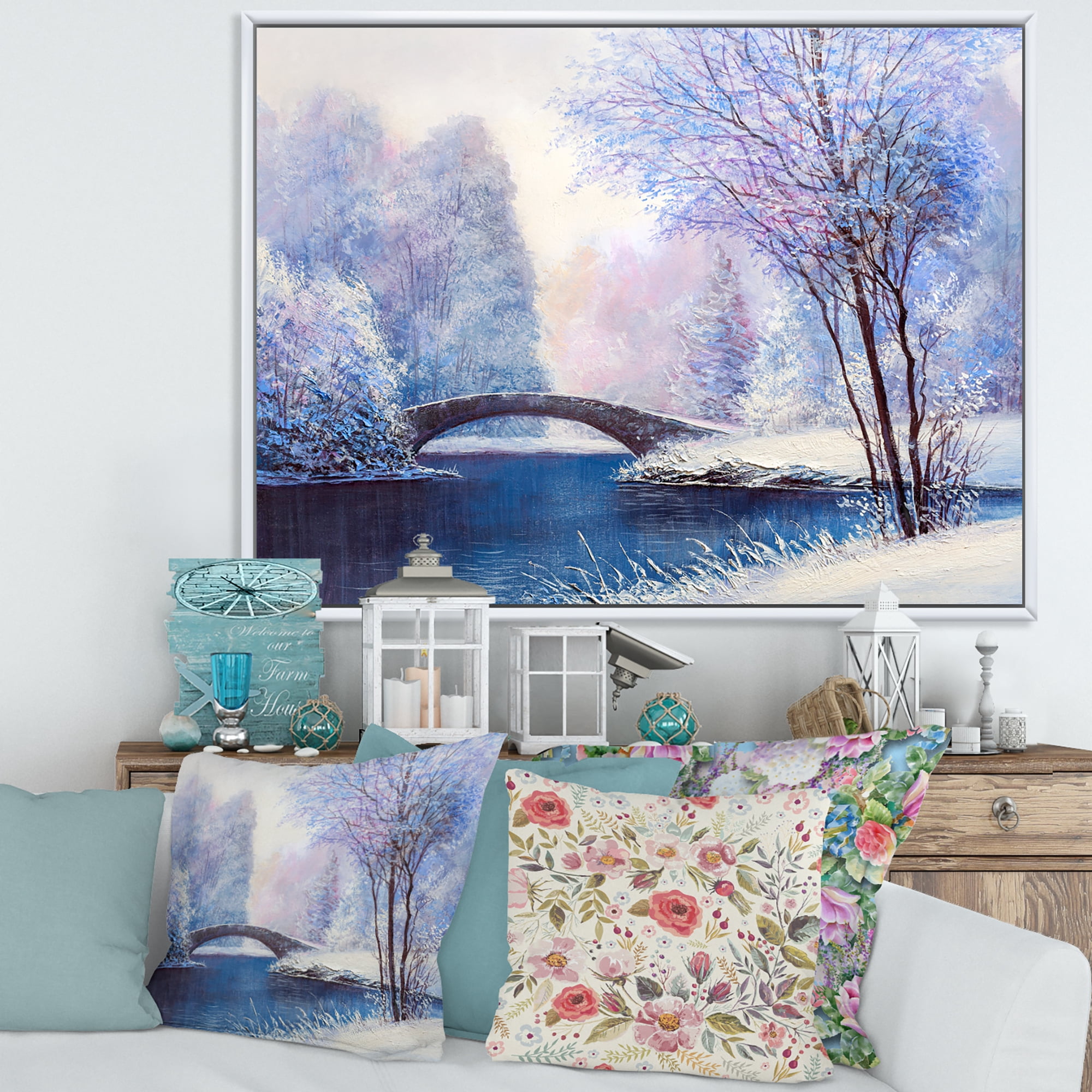 Designart 'Bridge Of Meandering River With Winter Scenery III' Lake House Framed Canvas Wall Art Print