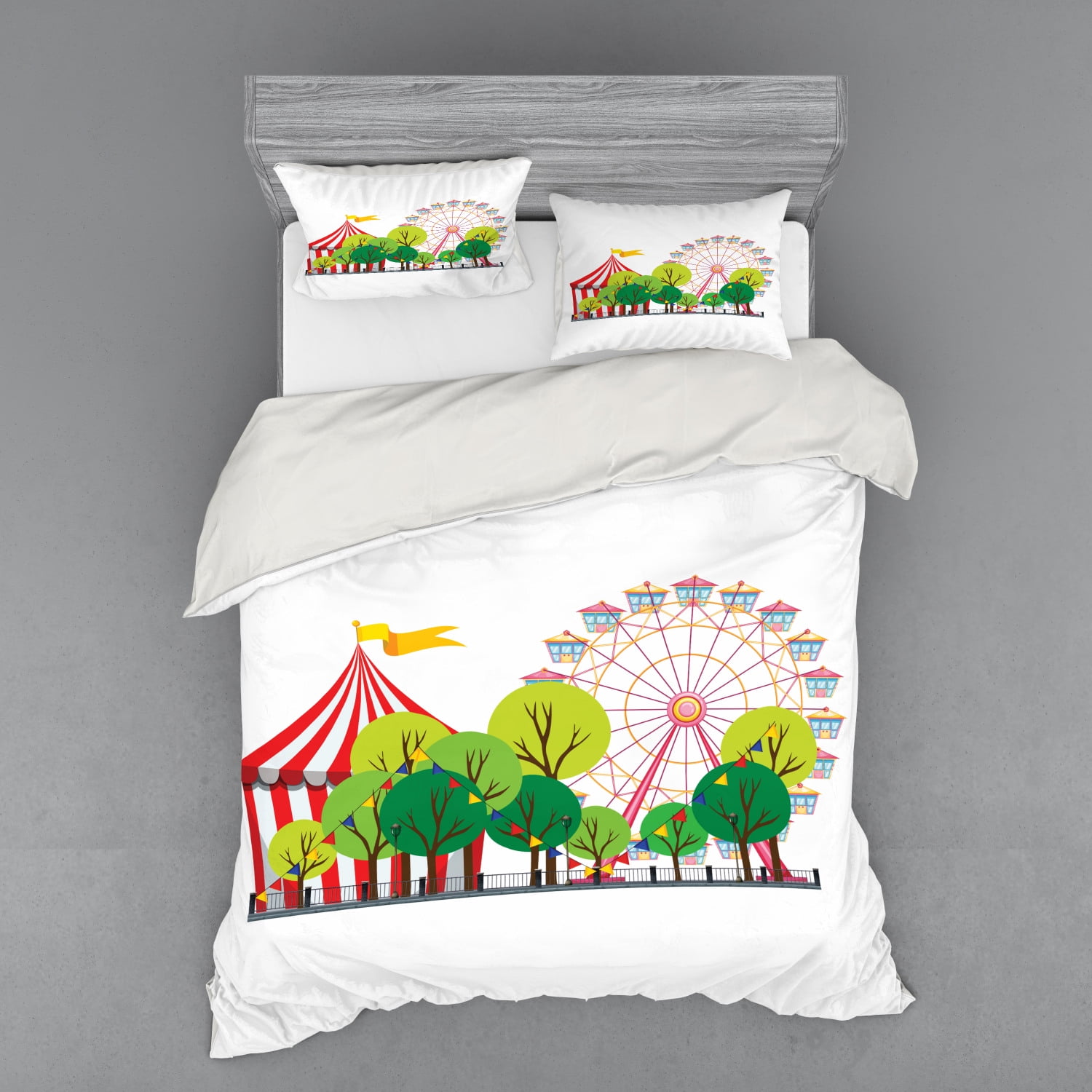 Circus Duvet Cover Set, Circus Carnival Scene with Ferris Wheel and