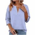thumbnail image 3 of Fengqque 3/4 Length Sleeve Womens Striped Tops Zipper V Neck Collared Blouses Business Casual Tunics Blue-B XL(XL), 3 of 5