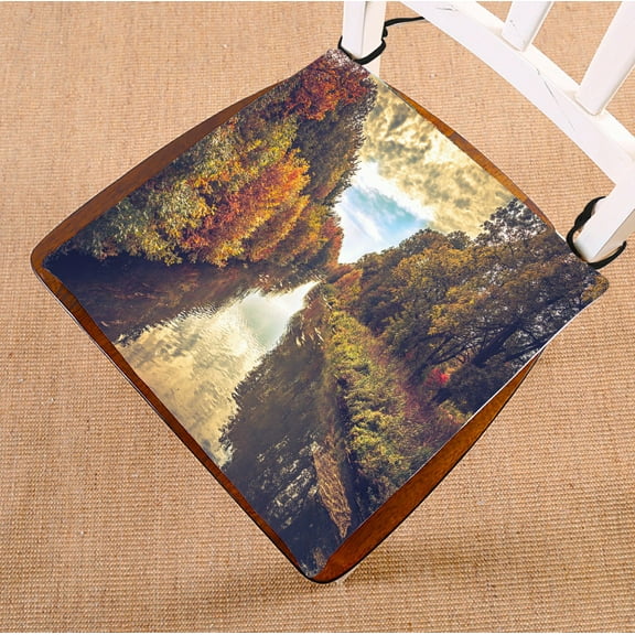PHFZK Autumn Landscape Chair Pad, River and Colorful Leaves on the Trees Seat Cushion Chair Cushion Floor Cushion Two Sides Size 16x16 inches