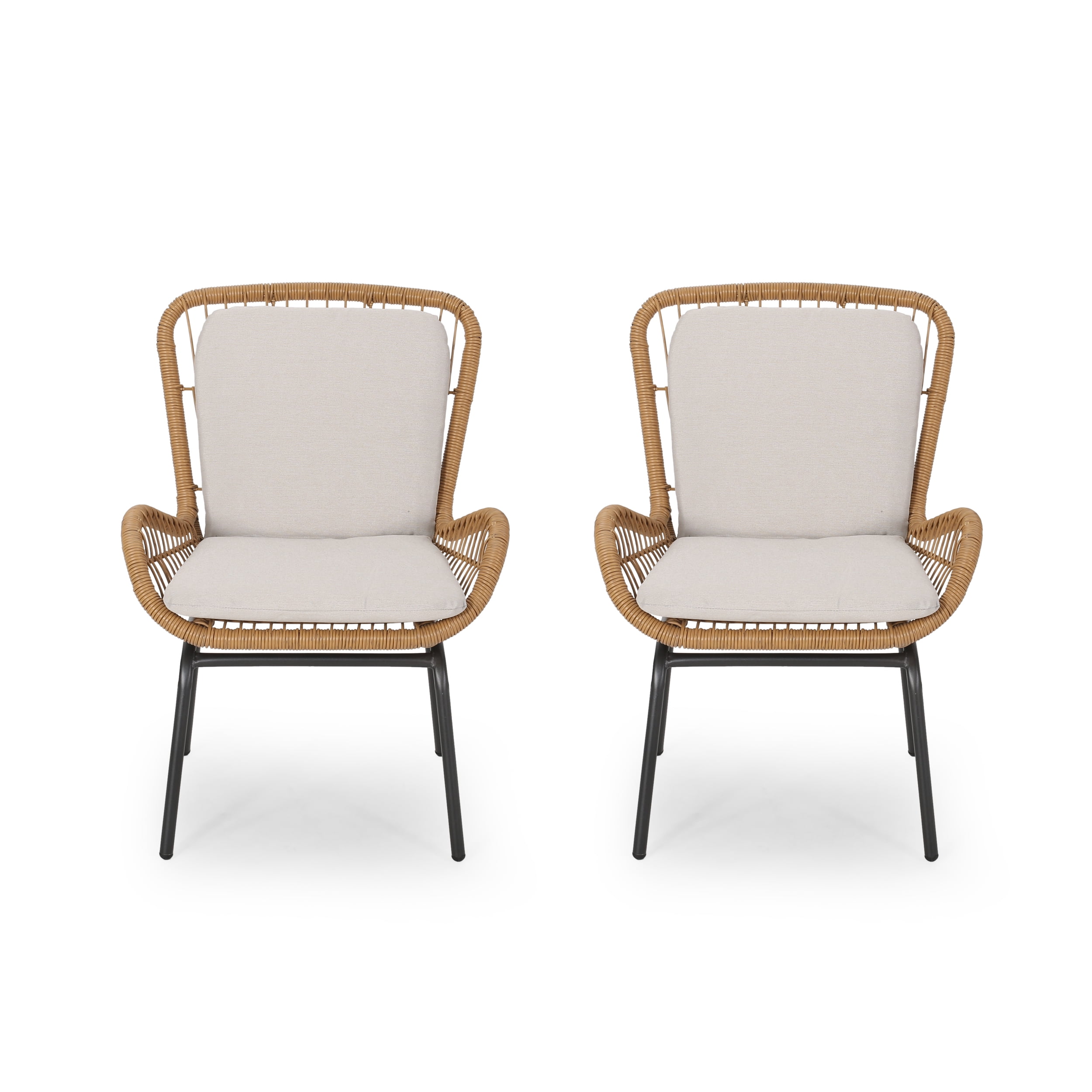Outdoor Open Weave Wicker Club Chair Set of 2, Cushioned Leisure Seats for Patio Garden, Light Brown