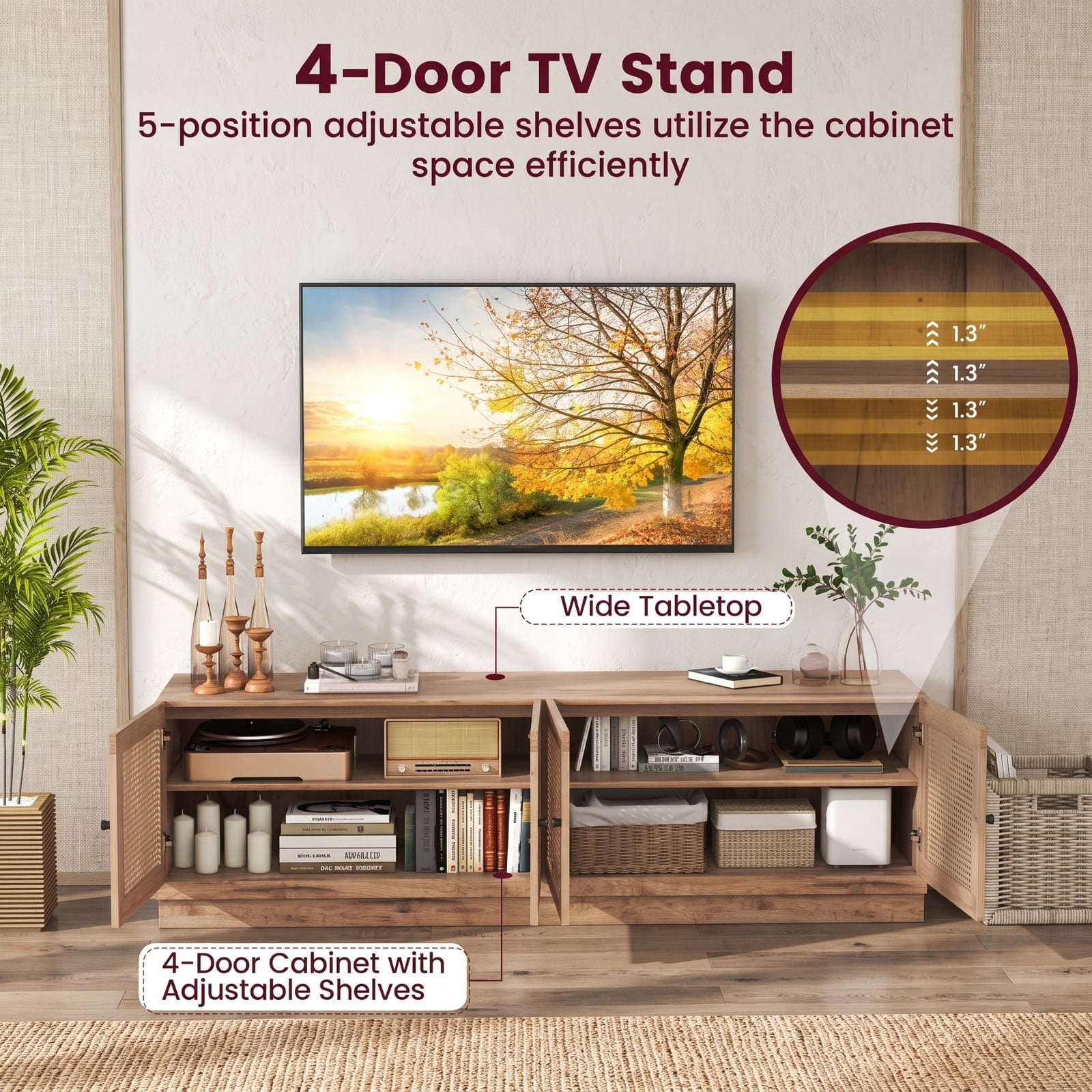 Furnibear Farmhouse TV Stand for TVs up to 75 Inches, 70 Inch Entertainment Center with PE Rattan Cabinet Doors and Adjustable Shelves, Rattan Media Console for, Oak
