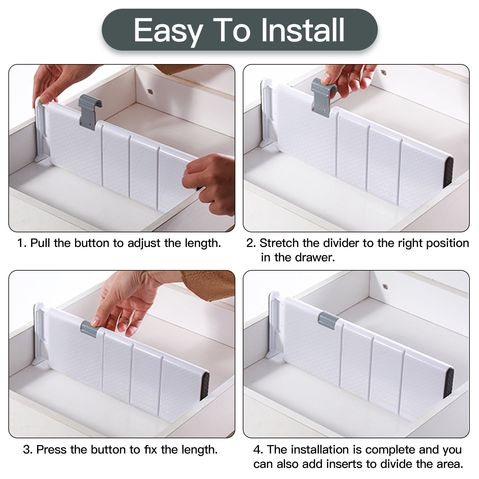 VEGCOO Drawer Dividers Organizer 4 Pack, Adjustable Drawer Separators with 16 Inserts 4" High Expandable from 11-17.5" for Home,Bedroom, Bathroom, Closet, Clothing, Office, Kitchen
