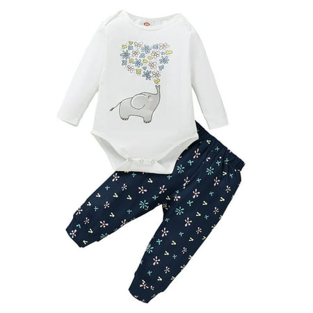 

9 Months Baby Girl Fall-Winter Outfits Pants Sets 12 Months Long Sleeve Elephant Tops Elastic Floral Pants 2PCS Set White
