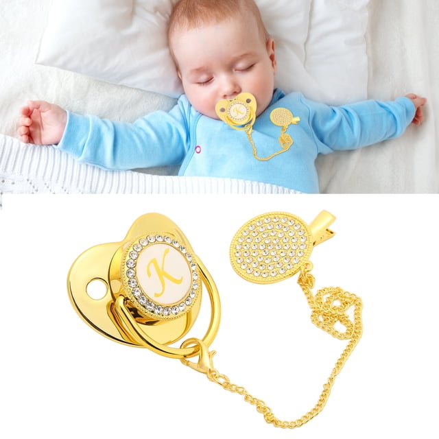 Chupete para bebé, chupete para bebé, diseño curvo, 26 letras, chupete para bebé salable y brillo con clips para bebés de 6 a 18 meses