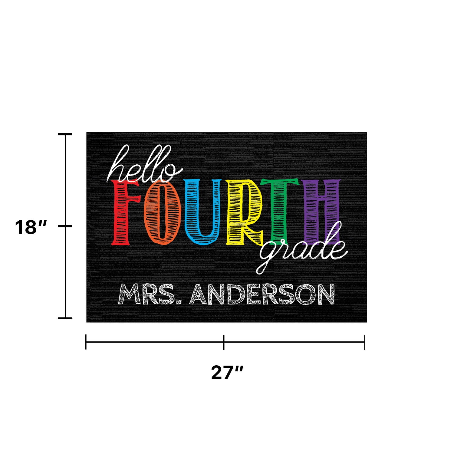 Personalized Planet 27x18 Hello Fourth Grade Doormat with Custom Teacher Name Printed on Black Rectangular 1/8” Thick Non Slip Mat for School Classroom or Home
