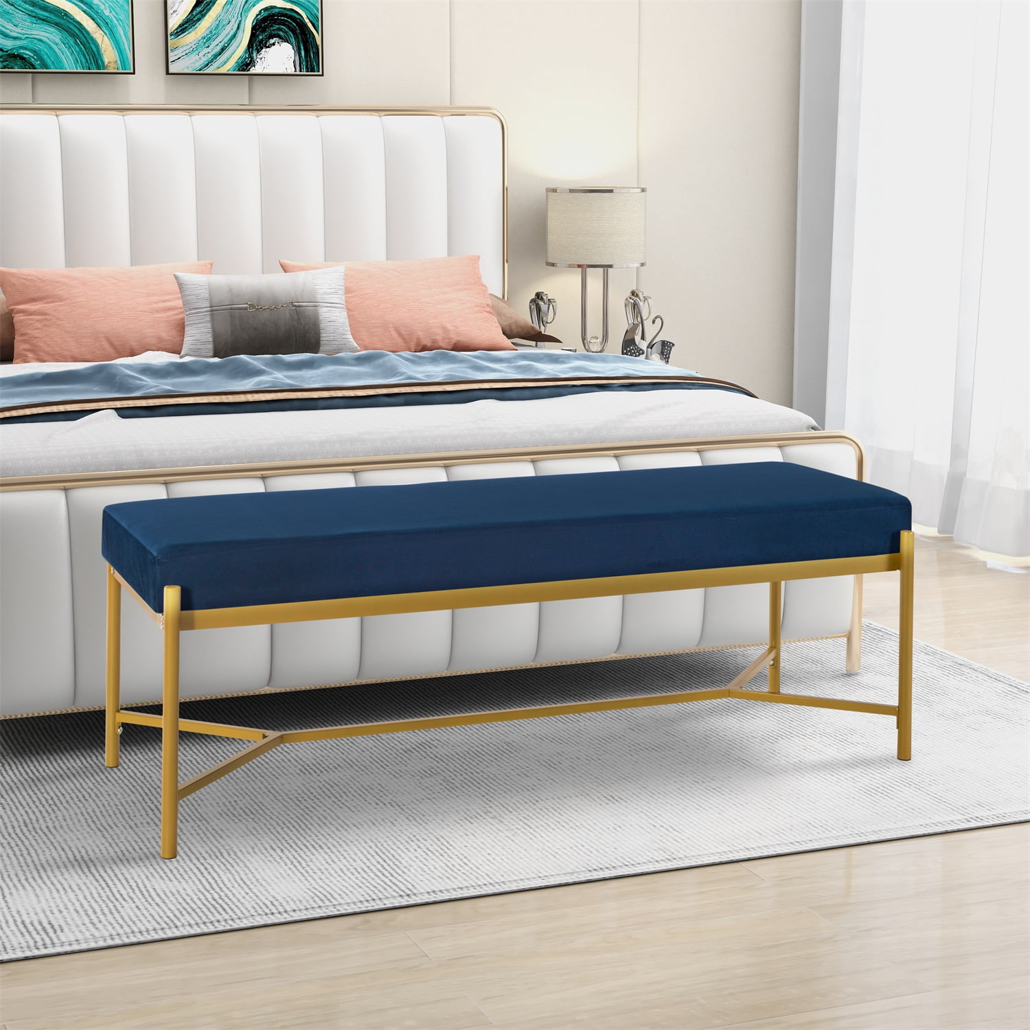 Kadyn Long Upholstered Bench, Metal Entryway Bench for Bedroom, Modern Velvet End of Bed Bench for Entryway, Navy Blue Kadyn Long Upholstered Bench, Metal Entryway Bench for Bedroom, Modern Velvet End of Bed Bench for Entryway, Navy Blue