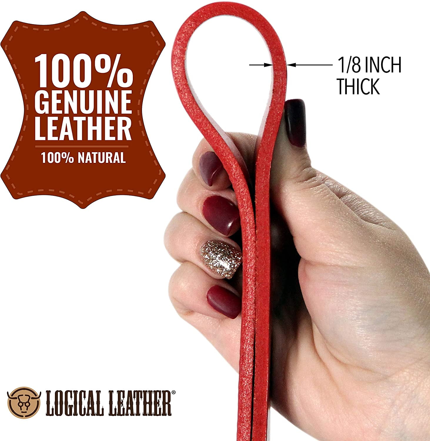 Logical Leather Dog Leash - 6 Foot Heavy Duty Full Grain Leather Lead; Best for Training - Red