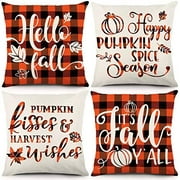 CDWERD Fall Pillow Covers 18×18 Inch Set of 4 Autumn Throw Pillowcase Orange Buffalo Plaid Maple Pumpkin Thanksgiving Decorations Linen Cushion Case for Sofa or Home Decor