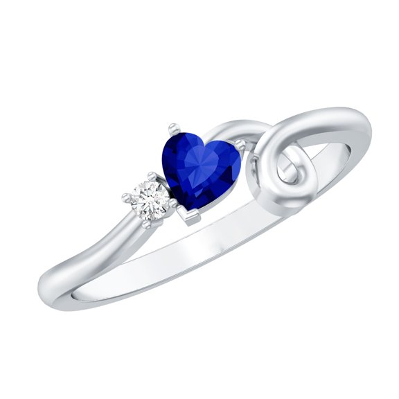 Rosec Jewels Heart Shape Created Blue Sapphire Promise Ring with Moissanite for Women - AAAA Quality, 925 Sterling Silver, US 4.00