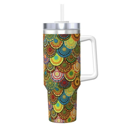 

Uemuo Colorful Circle Print 40oz Ice Bully With Handle And Straw Stainless Steel Vacuum Insulated Cup And 2 In 1 Straw Lid Insulated Travel Tumbler