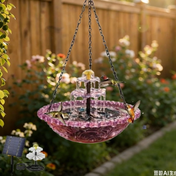 Solar Cascade Hanging Bird Bath Fountain, Hanging Bird Bath with Flowing Water, Powered Cascading Outdoor Water Fountain, with Solars Pump & Glass Bowl, for Outdoor, Gardens(Purple,B)