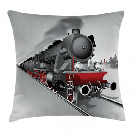 Steam Engine Throw Pillow Cushion Cover, Locomotive Red Black Train with Headlights on Steel Railway Track Graphic Print, Decorative Square Accent Pillow Case, 18 X 18 Inches, Red Grey, by Ambesonne