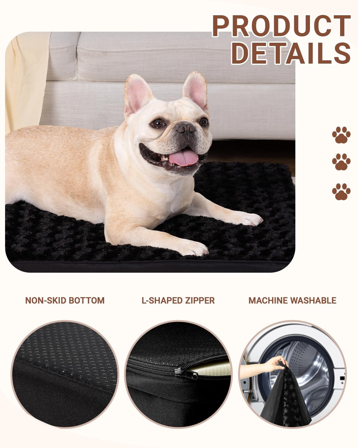 Dog Crate Bed Waterproof Large Soft Rose Velvet Supportive Kennel Pad Egg Foam Removable Washable Cover Non-slip Bottom 35x22 Inch Black