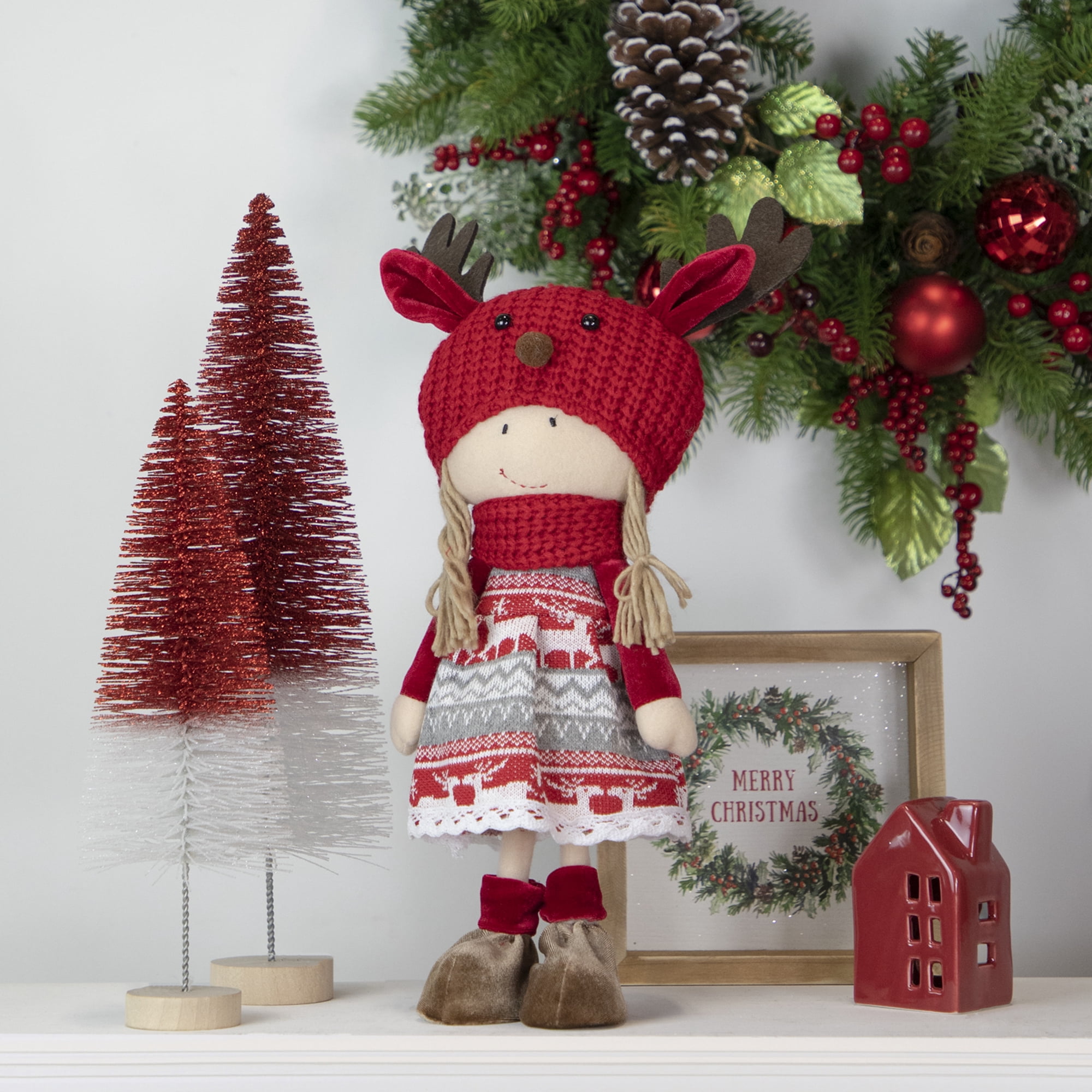 Northlight Nordic Girl with Moose Antler Hat Christmas Figure - 17" - Red and White