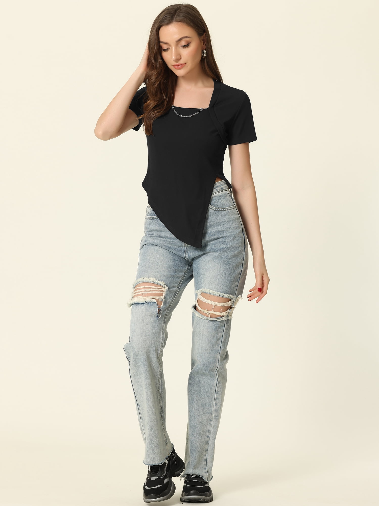 Unique Bargains Asymmetrical Crop Top for Women's Short Sleeve Square Neck T-shirt XS Black