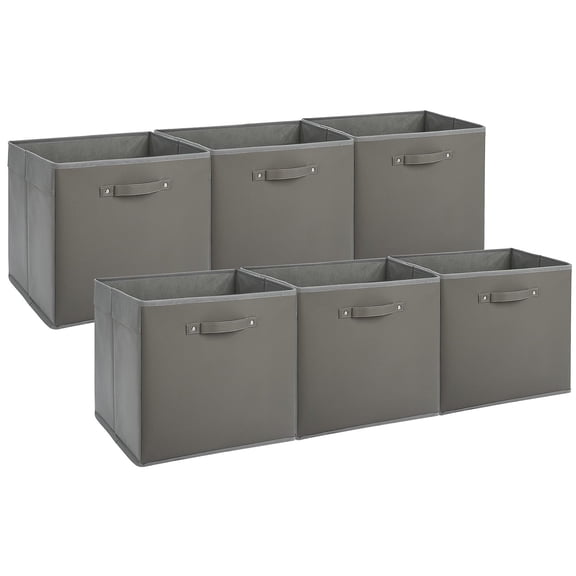 6-Pack 13 Inch Fabric Storage Bins with Faux Leather Handles, Foldable Cube Organizer Baskets for Shelves and Closet, Collapsible Storage Boxes for Clothes Toys, Gray