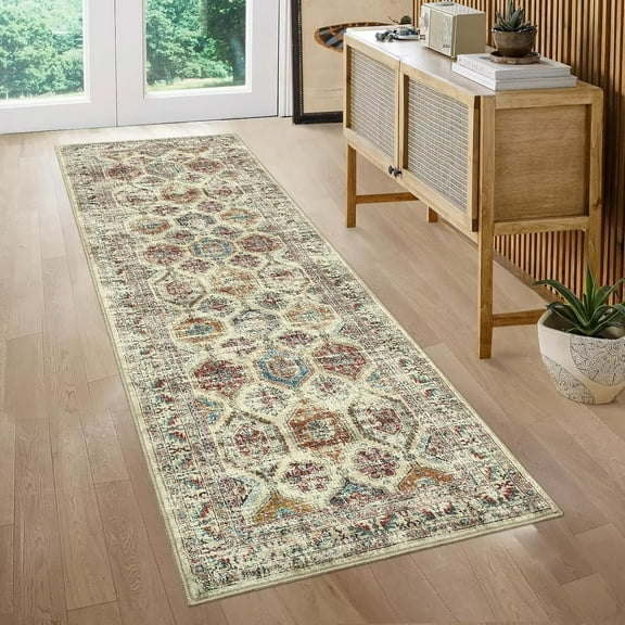 Garvee 2'x6' Runner Rug Vintage Rug Geometric Floral Print Rug Non Slip Indoor Bedroom Rug for Kitchen Hallway, Multi