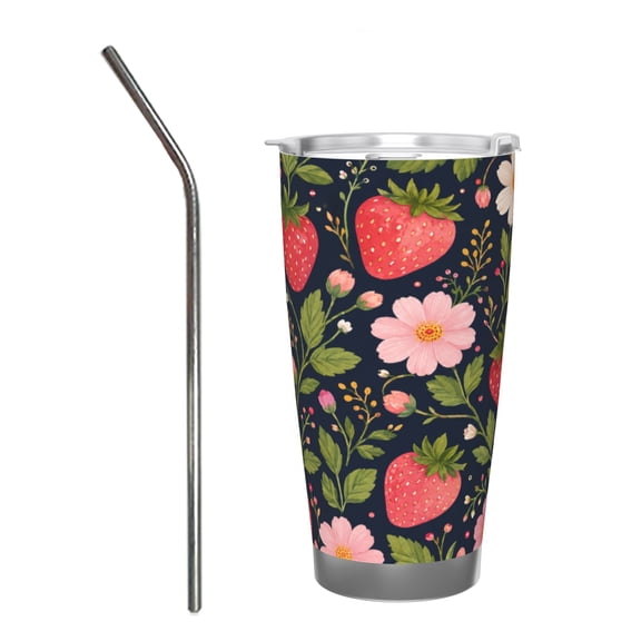 20oz Strawberry Floral Tumbler with Handle and Straw Insulated Insulated Car Cup Gift for Women with Stainless Steel Straw