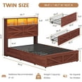 thumbnail image 5 of Twin Bed Frame with 5 Storage Drawers and Charging Station, Farmhouse Wooden Platform Bed Frame with Barn Door Headboard and Hidden Compartment, No Box Spring Needed, Brown, 5 of 6