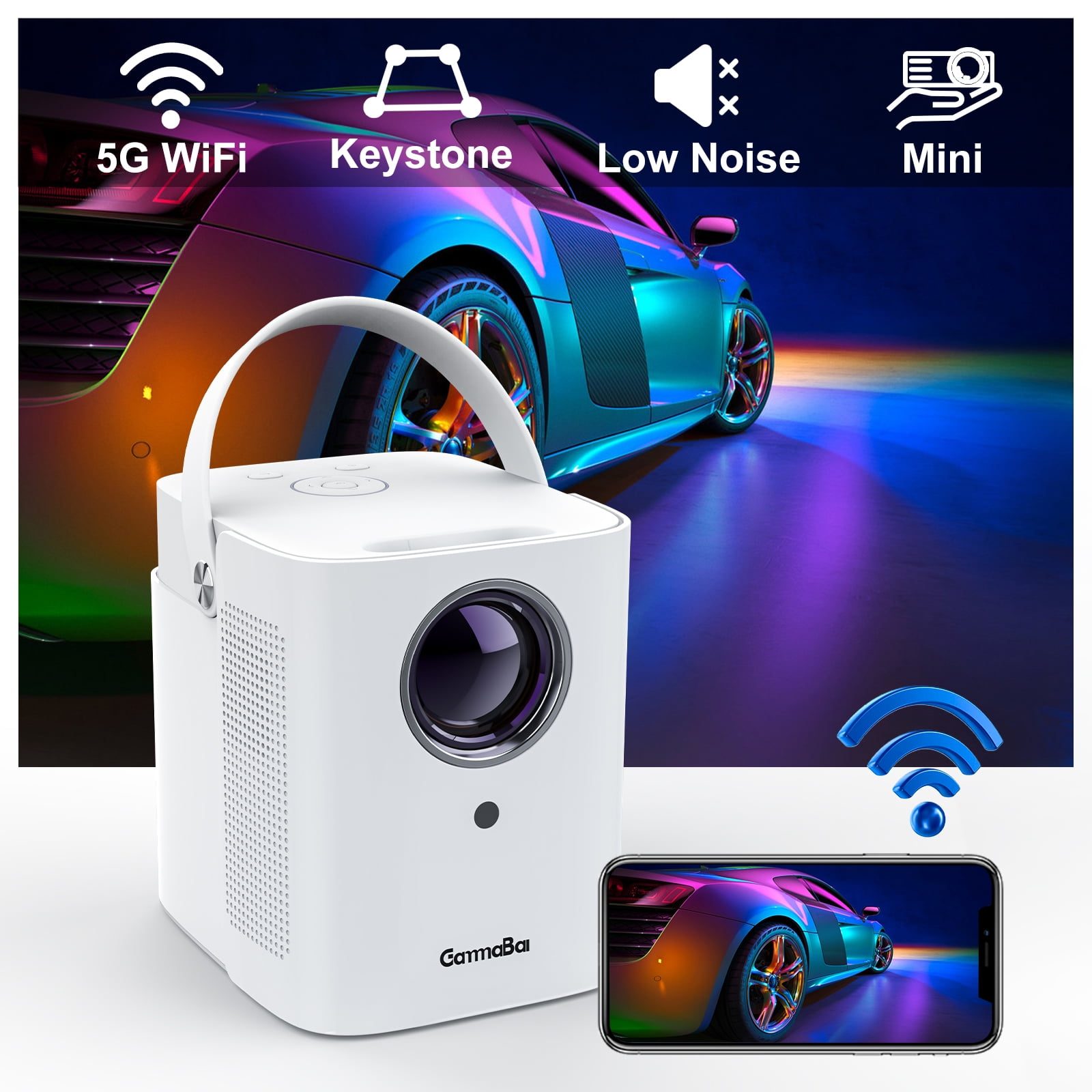 Bedroom Portable Projector with 5G WiFi Bluetooth, Support Side
