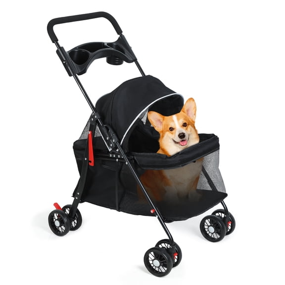 Dog Cat Stroller, 4 Wheels Outdoor Travel Pet Folding Stroller, Dog Cat Cage Strollers with Cup Holder, Breathable and Visible Mesh for Medium Small Dogs 1 Set
