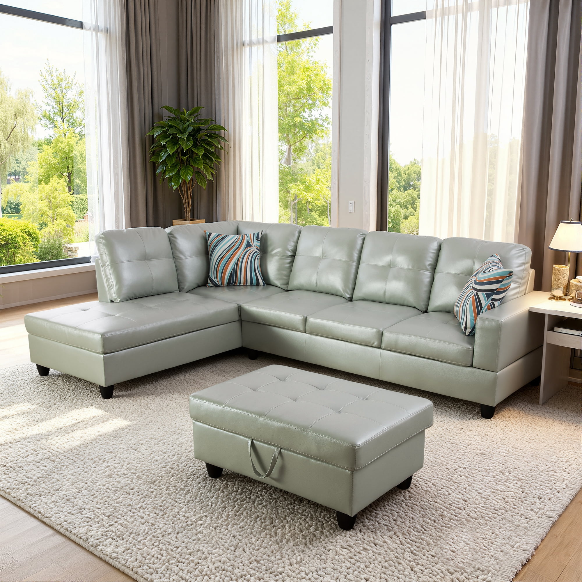 MAYEERTY PU Synthetic Leather 3-Piece Couch Living Room Sofa Set，Silver Green