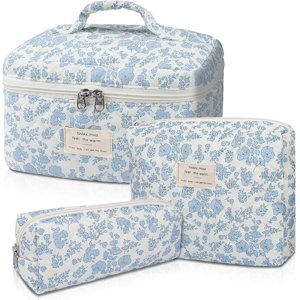 Jinswick 3Pcs Makeup Bag Large Quilted Makeup Bag Girls Large Floral Makeup Bag Cute Cotton Makeup Bag Set Floral Travel Toiletries Bag（Three Sizes: L M S）